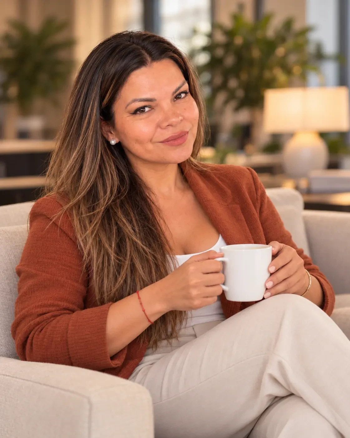 Nuria García con americana terracota, sentada en un sofá con una taza