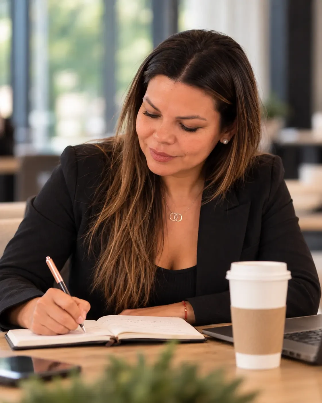 Nuria García escribiendo en su cuaderno de planificación
