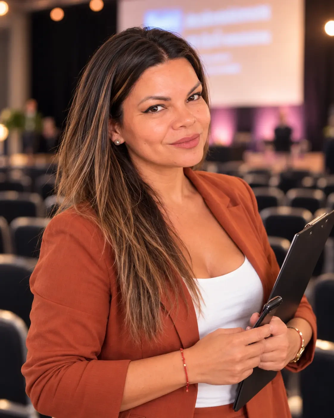 Nuria García con americana terracota y carpeta, frente a las butacas de una sala de conferencias